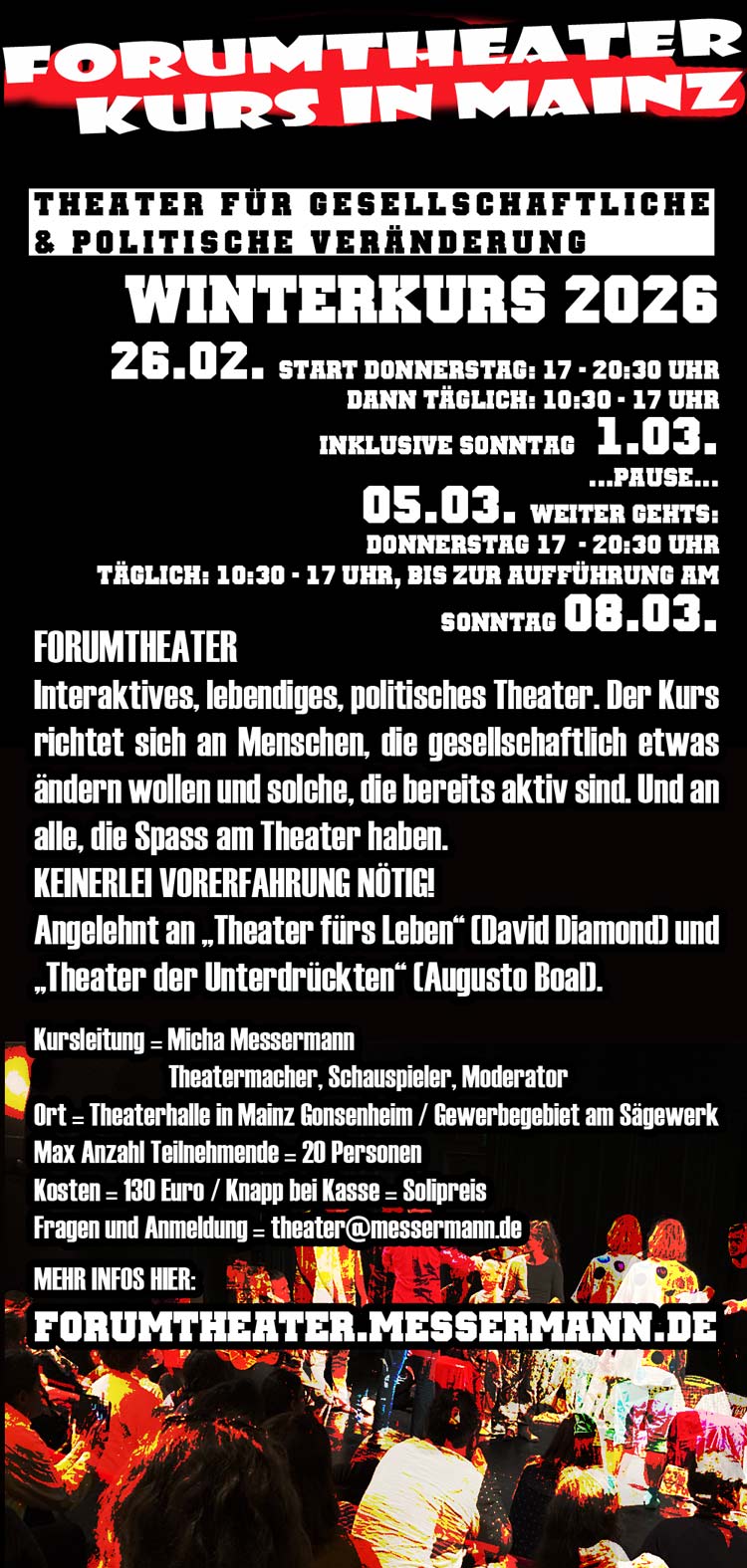 Forumtheaterkurs Winter 2026. Theaterkurs Theater fürs Leben und Theater der Unterdrückten. Mit Micha Messermann.